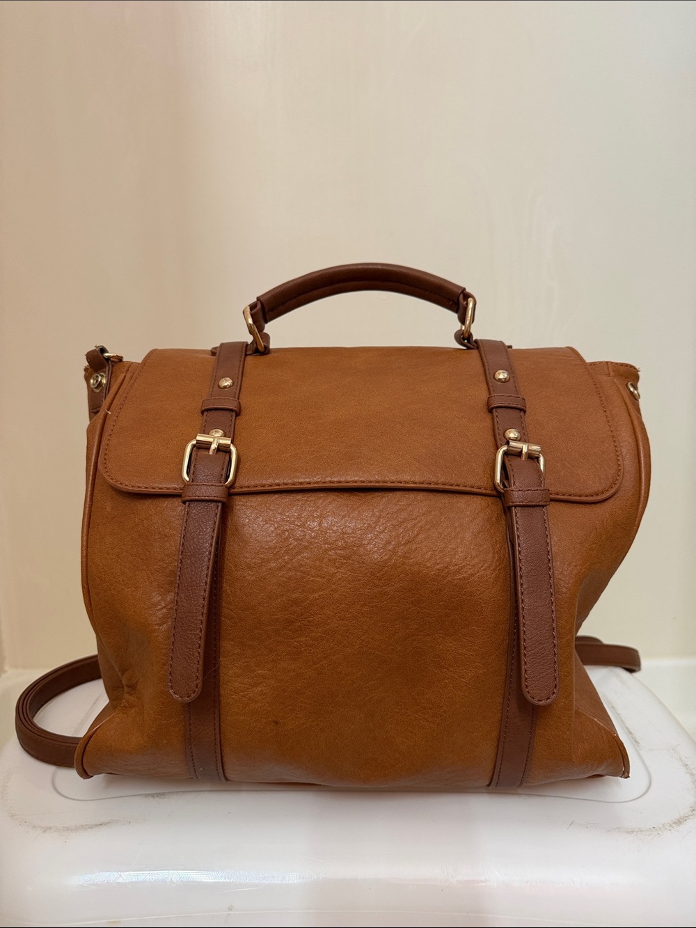 Classic Tan Faux Leather Satchel Handbag
